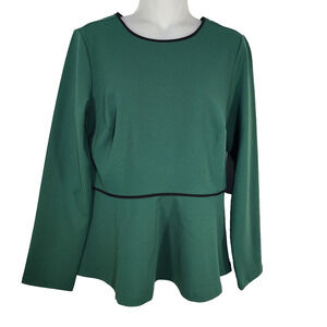 Ann Taylor Womens Top Small Piped Peplum Green Long Sleeve Pullover Long Sleeve